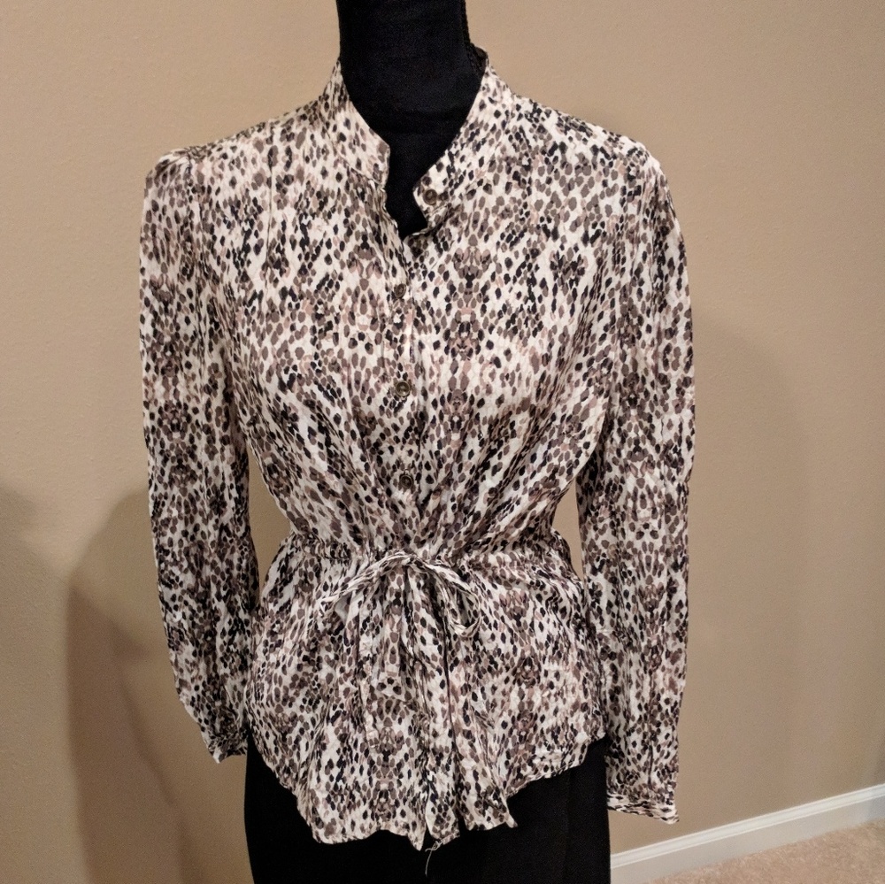 Merona Brown Black Beige Snake Print Button Down Shirt W/Tie Waist  Size Medium